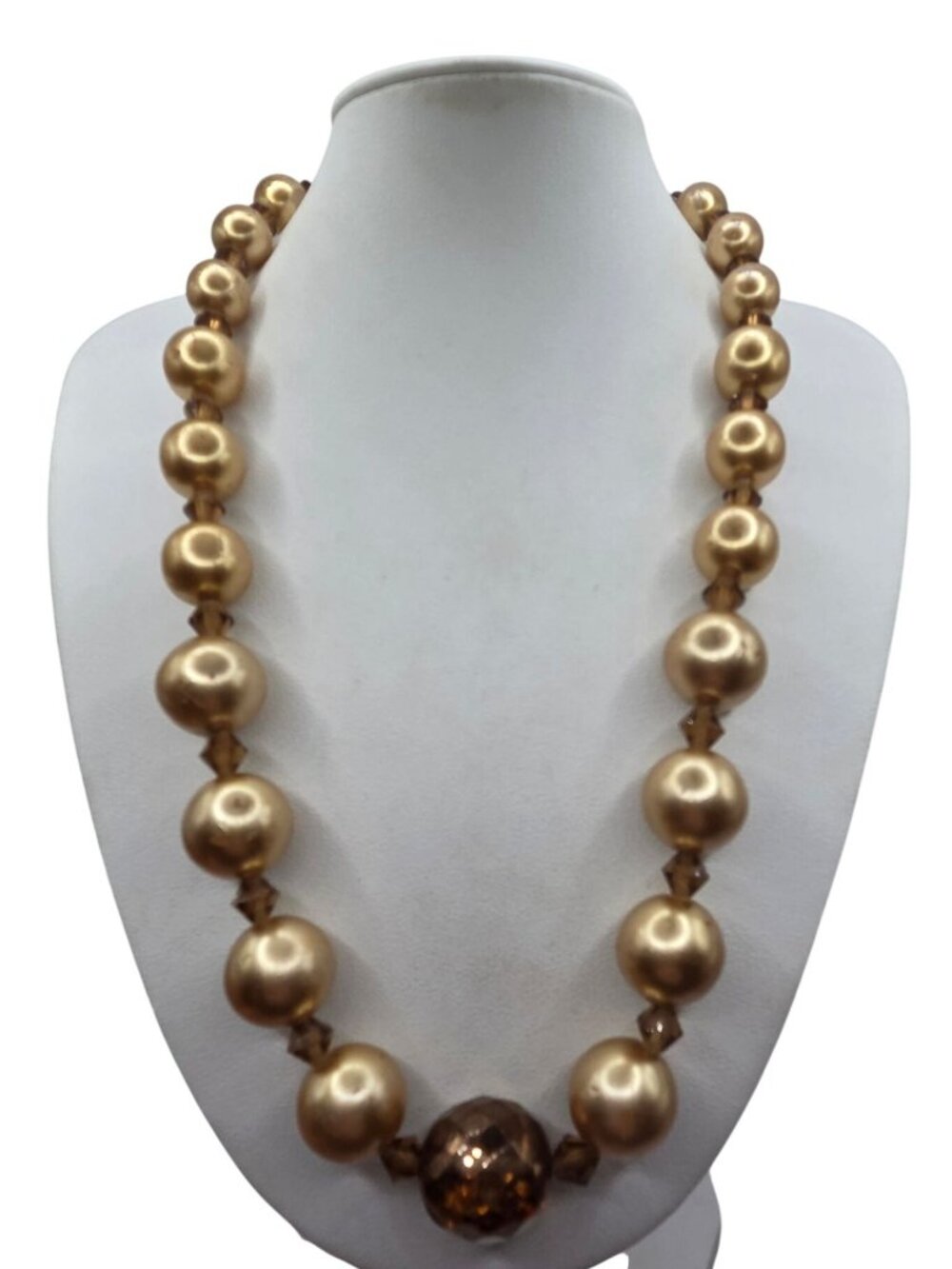 Gold-Tone Glass Beaded Necklace With Faceted Center Bead & Adjustable Closure